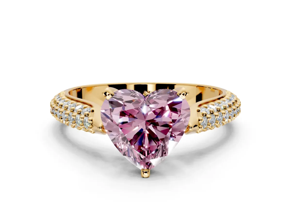 Solitaire Engagement Ring Setting for Fancy Pink Heart-Shaped Center with Multi-Row Accents and Prong Head in Yellow Gold