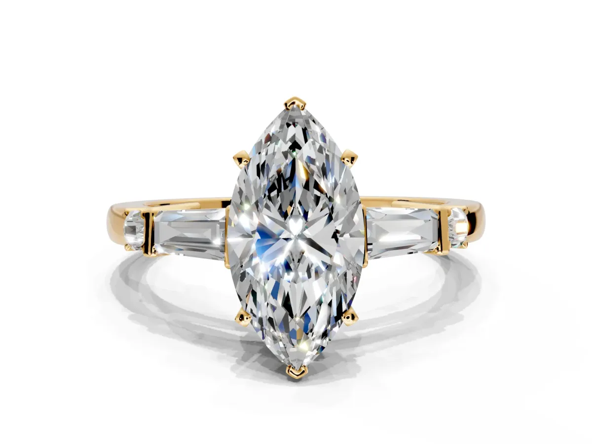 Bar-Set Engagement Ring Setting for Marquise Center with Tapered Baguette Accents and Prong Head in Yellow Gold
