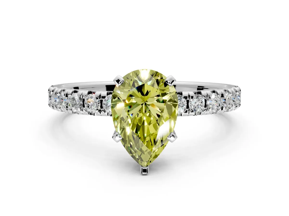 Solitaire Engagement Ring Setting for Fancy Yellow Pear-Shaped Center with Large Accents and Prong Head in Platinum