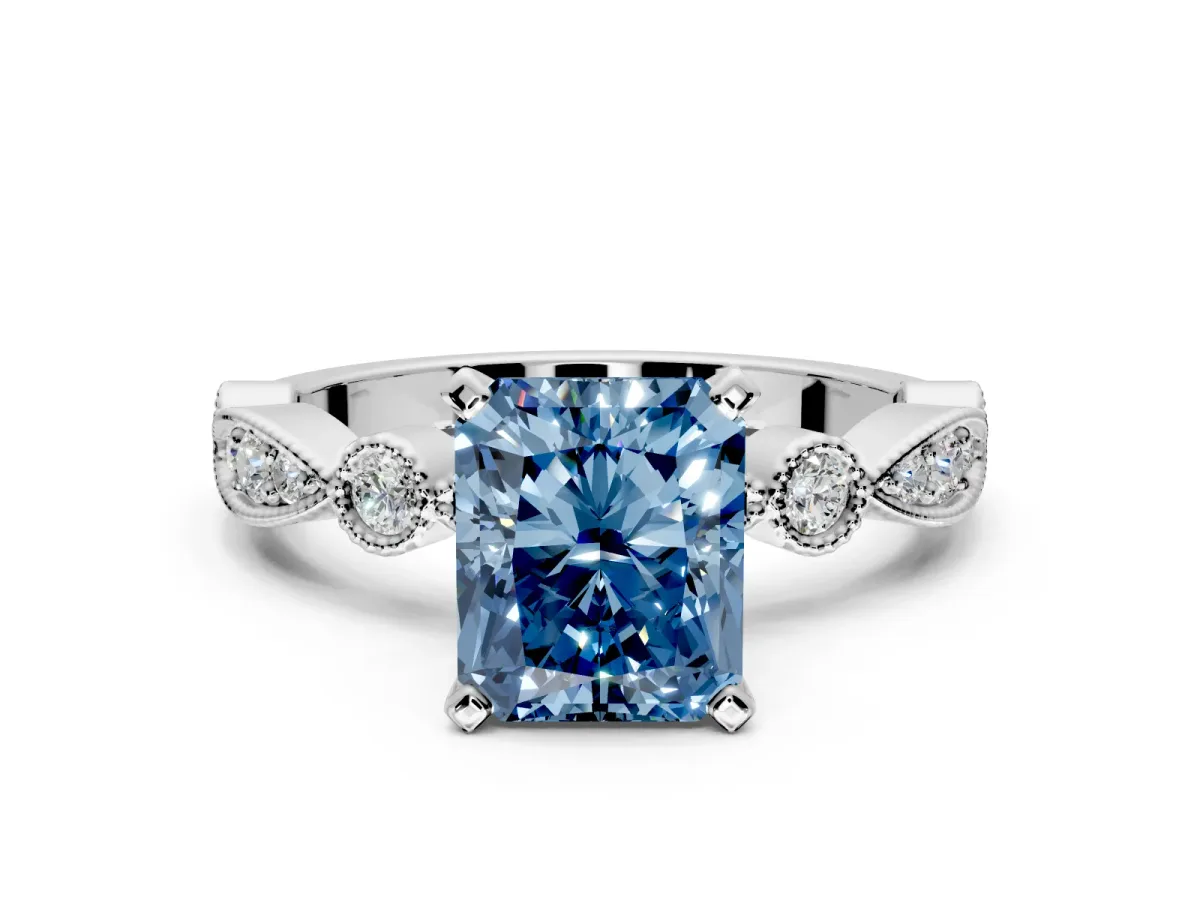 Solitaire Engagement Ring Setting for Fancy Blue Radiant Cut Center with Milgrain Bezel Accents and Prong Head in Sterling Silver