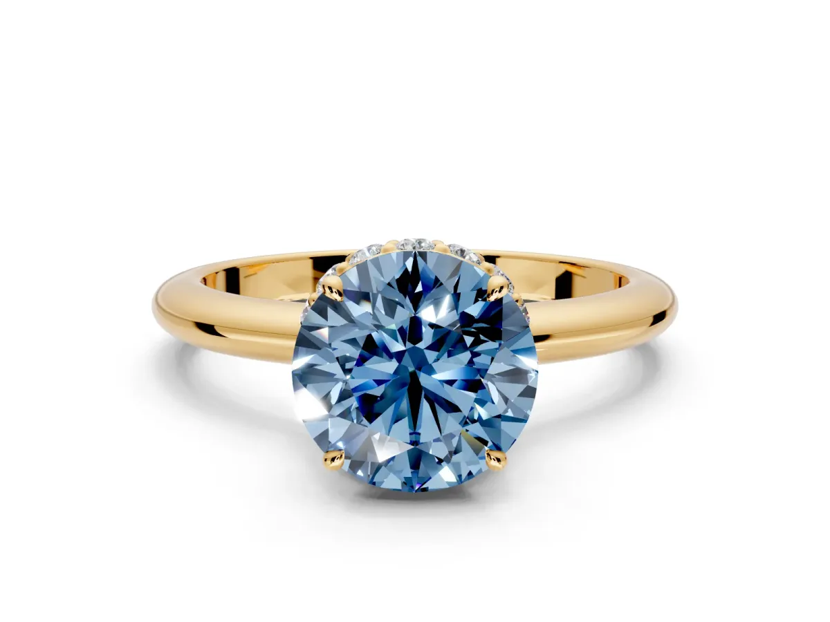 Hidden Halo Engagement Ring Setting for Fancy Blue Round Cut Center with Plain Rounded Band and Prong Head in Yellow Gold