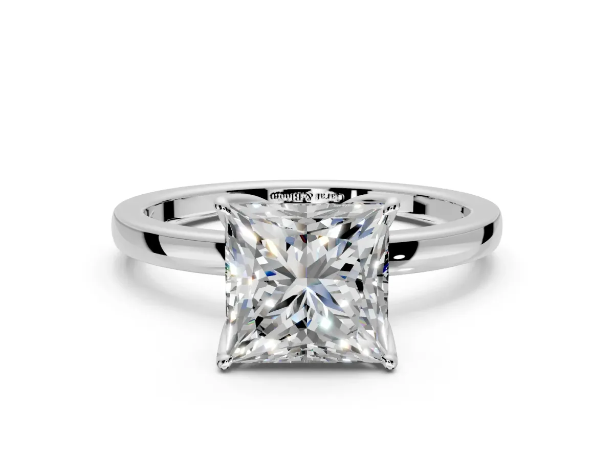 Solitaire Engagement Ring Setting for Princess Cut Center with Thin Rounded Plain Band and Prong Head in Platinum