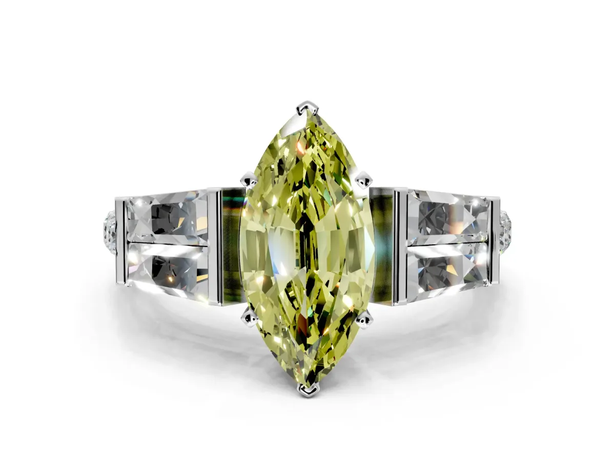 Channel-Set Engagement Ring Setting for Fancy Yellow Marquise Center with Baguette Band and Prong Head in Platinum