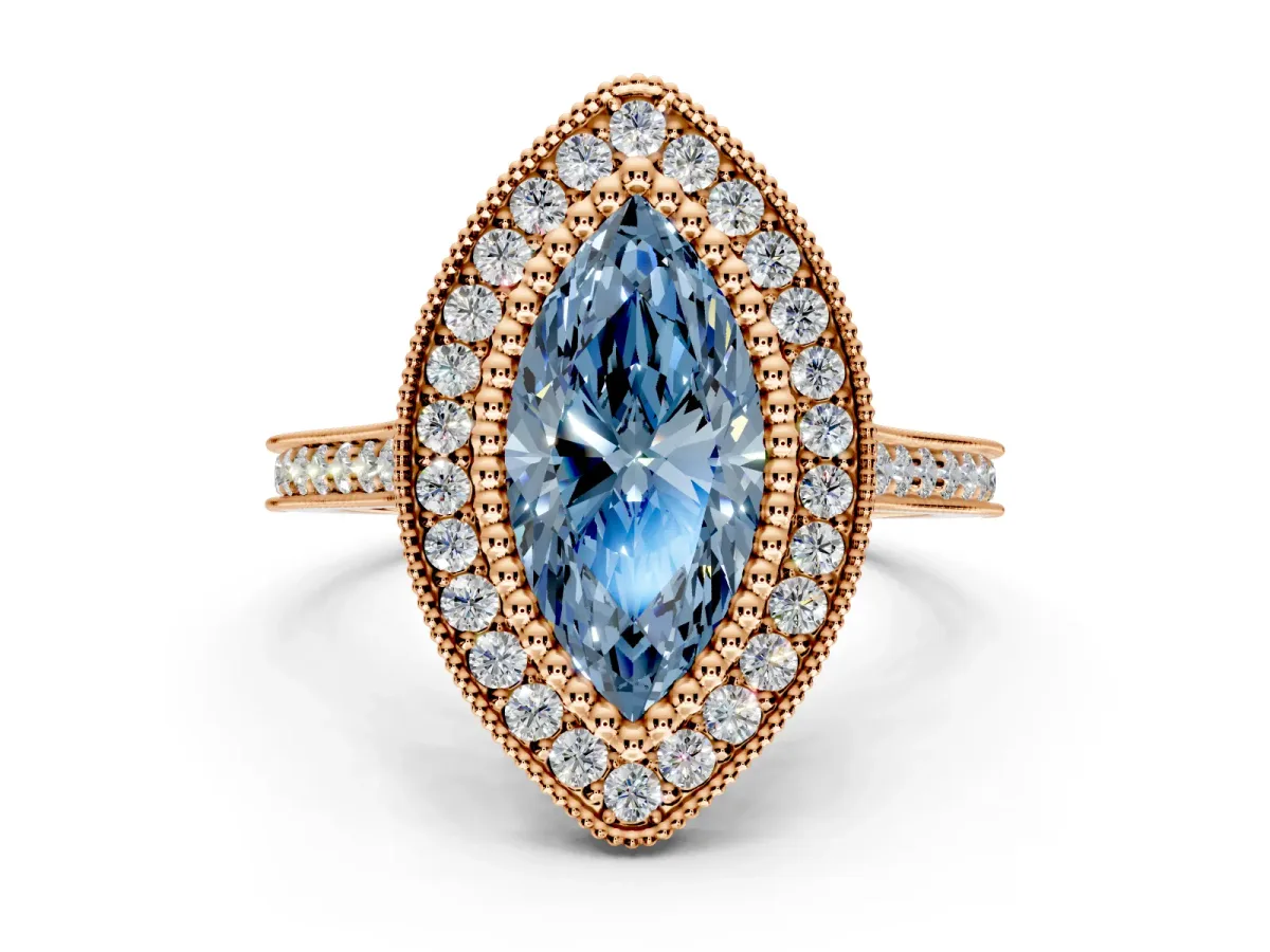 Halo Engagement Ring Setting for Fancy Blue Marquise Center with Milgrain Frame, Pave Band and Prong Head in Rose Gold