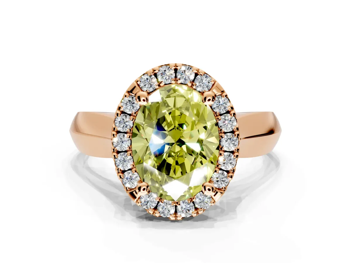 Halo Engagement Ring Setting for Fancy Yellow Oval Center with Square Band and Prong Head in Rose Gold