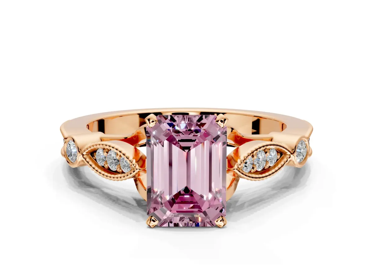 Solitaire Engagement Ring Setting for Fancy Pink Emerald Cut Center with Marquise and Bezel Accents and Prong Head in Rose Gold