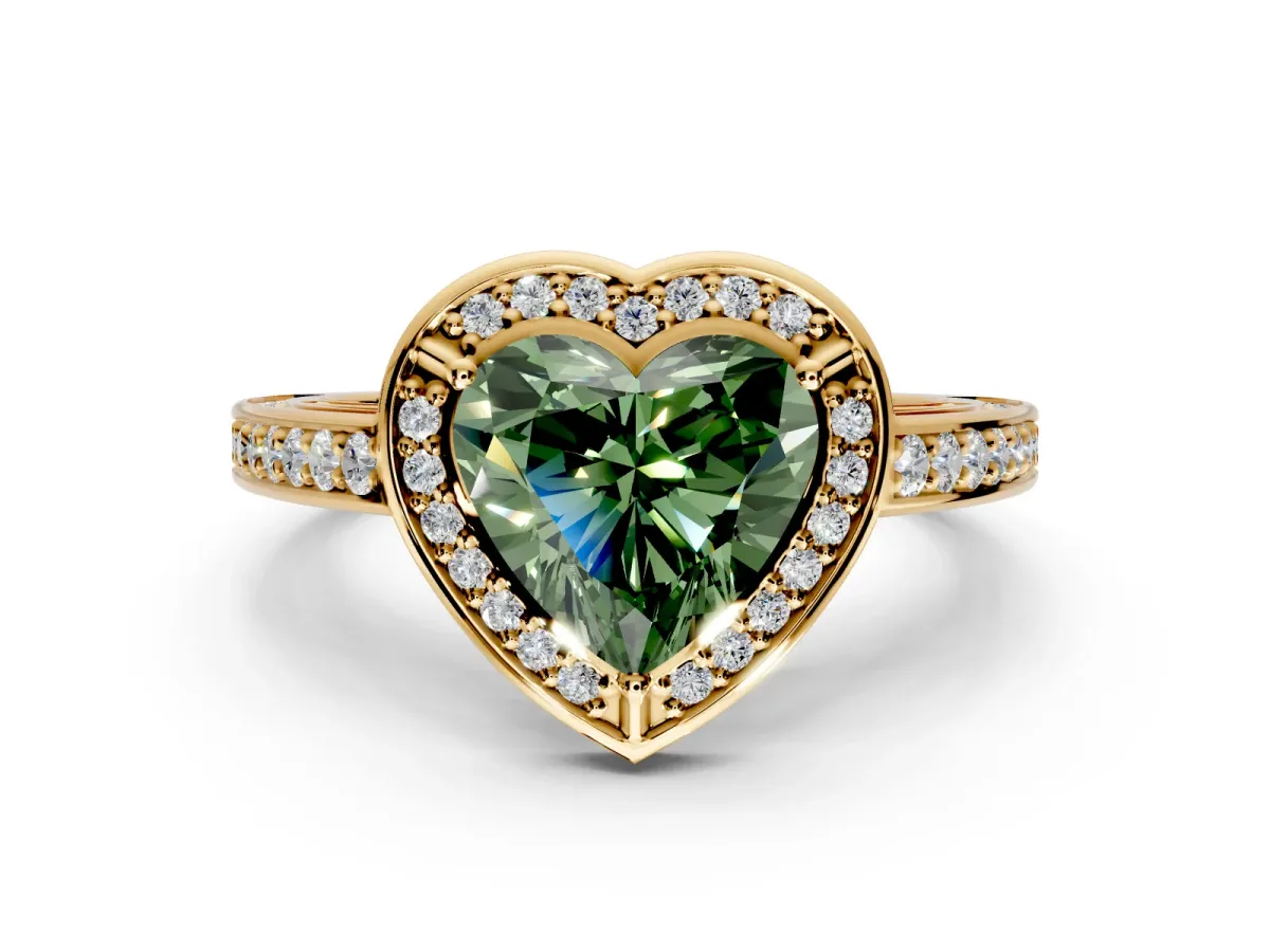Halo Engagement Ring Setting for Fancy Green Heart-Shaped Center with Framed Halo, Pave Band and Prong Head in Yellow Gold