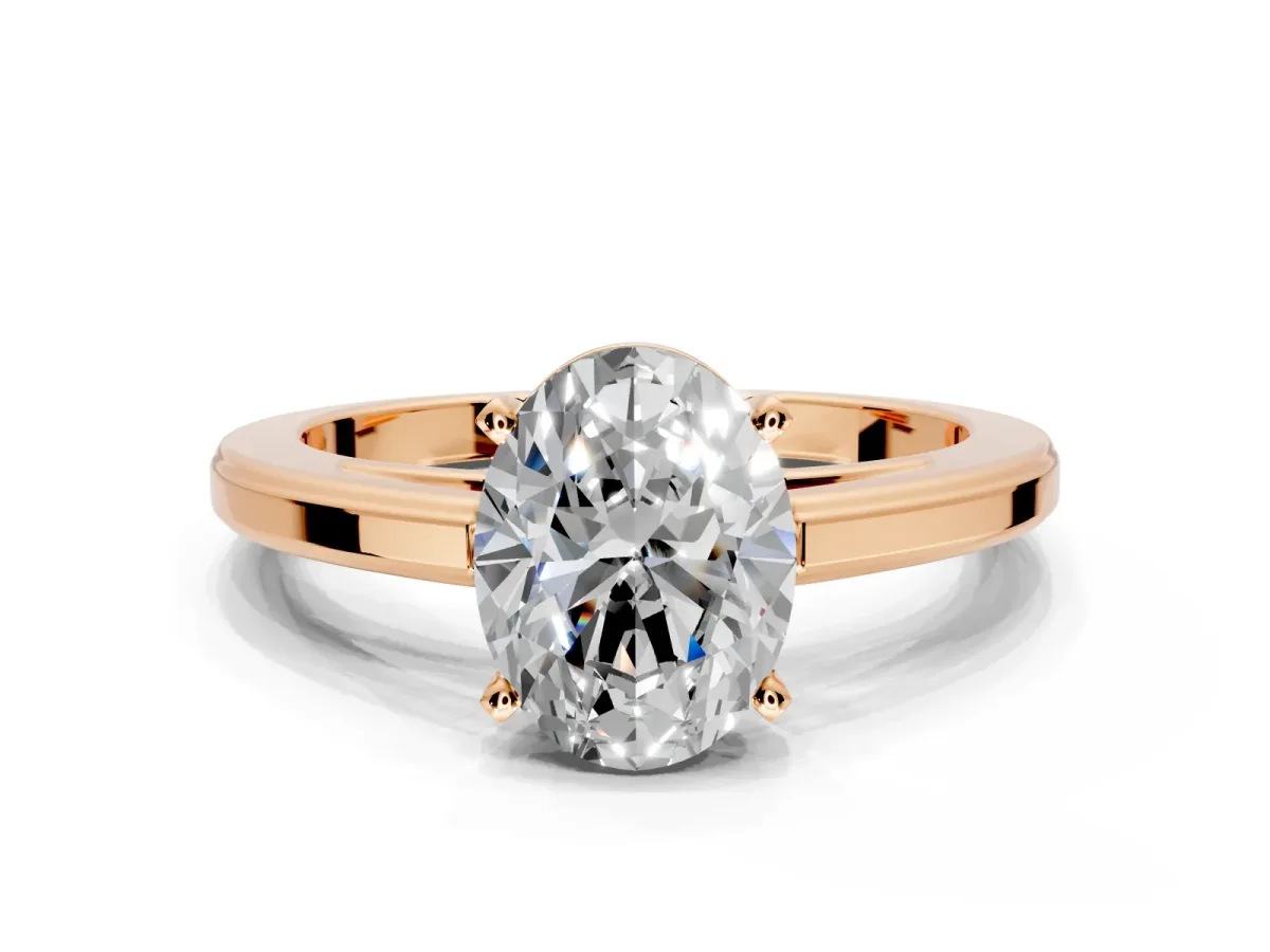 Solitaire Engagement Ring Setting for Oval Center with Flat-Sided Plain Band and Prong Head in Rose Gold