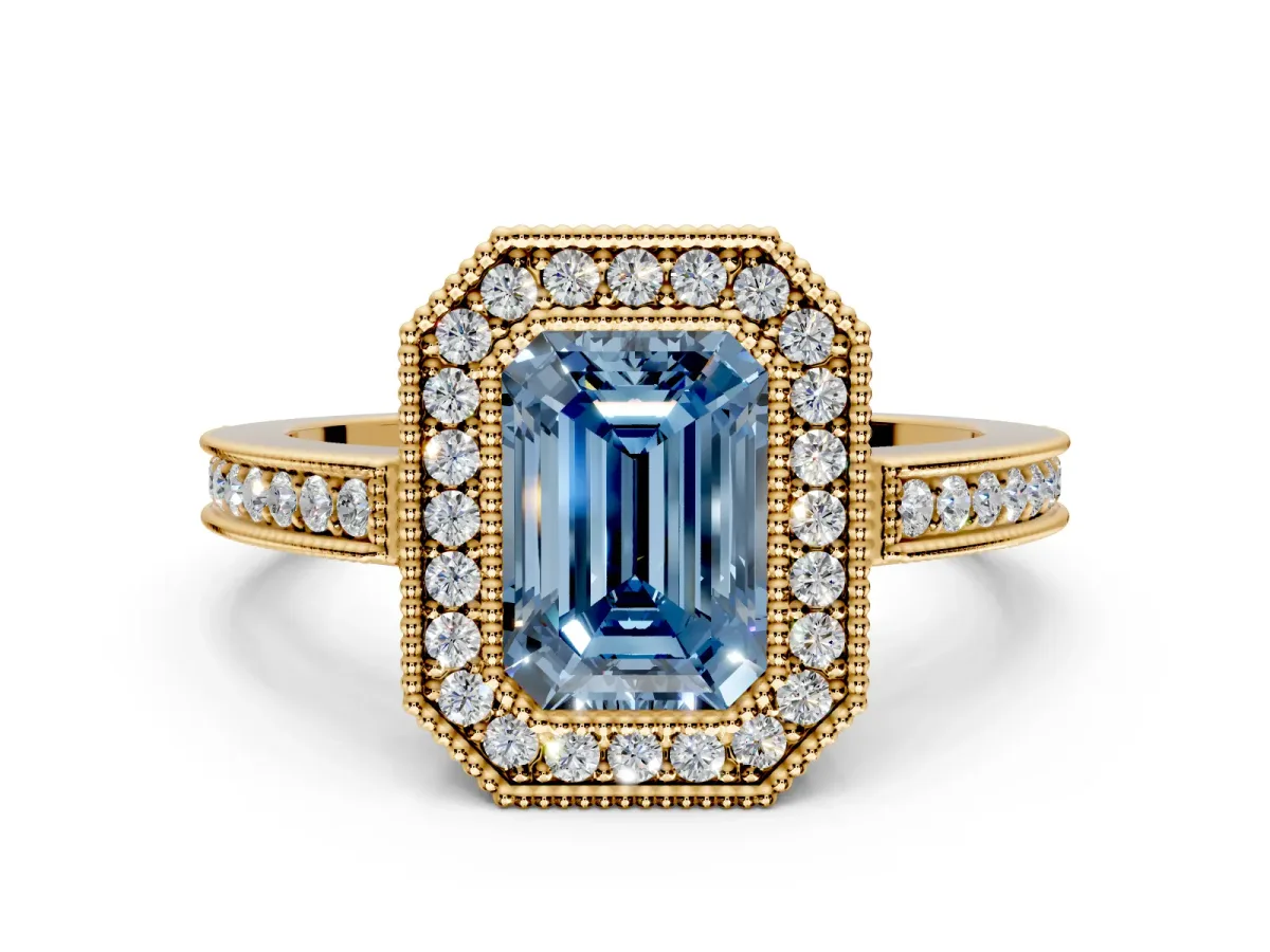Halo Engagement Ring Setting for Fancy Blue Emerald Cut Center with Milgrain Halo, Pave Band and Prong Head in Yellow Gold