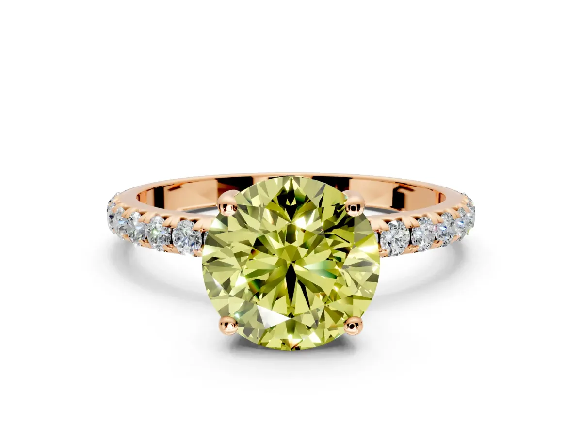 Solitaire Engagement Ring Setting for Fancy Yellow Round Cut Center with Micro Pave Band and Prong Head in Rose Gold