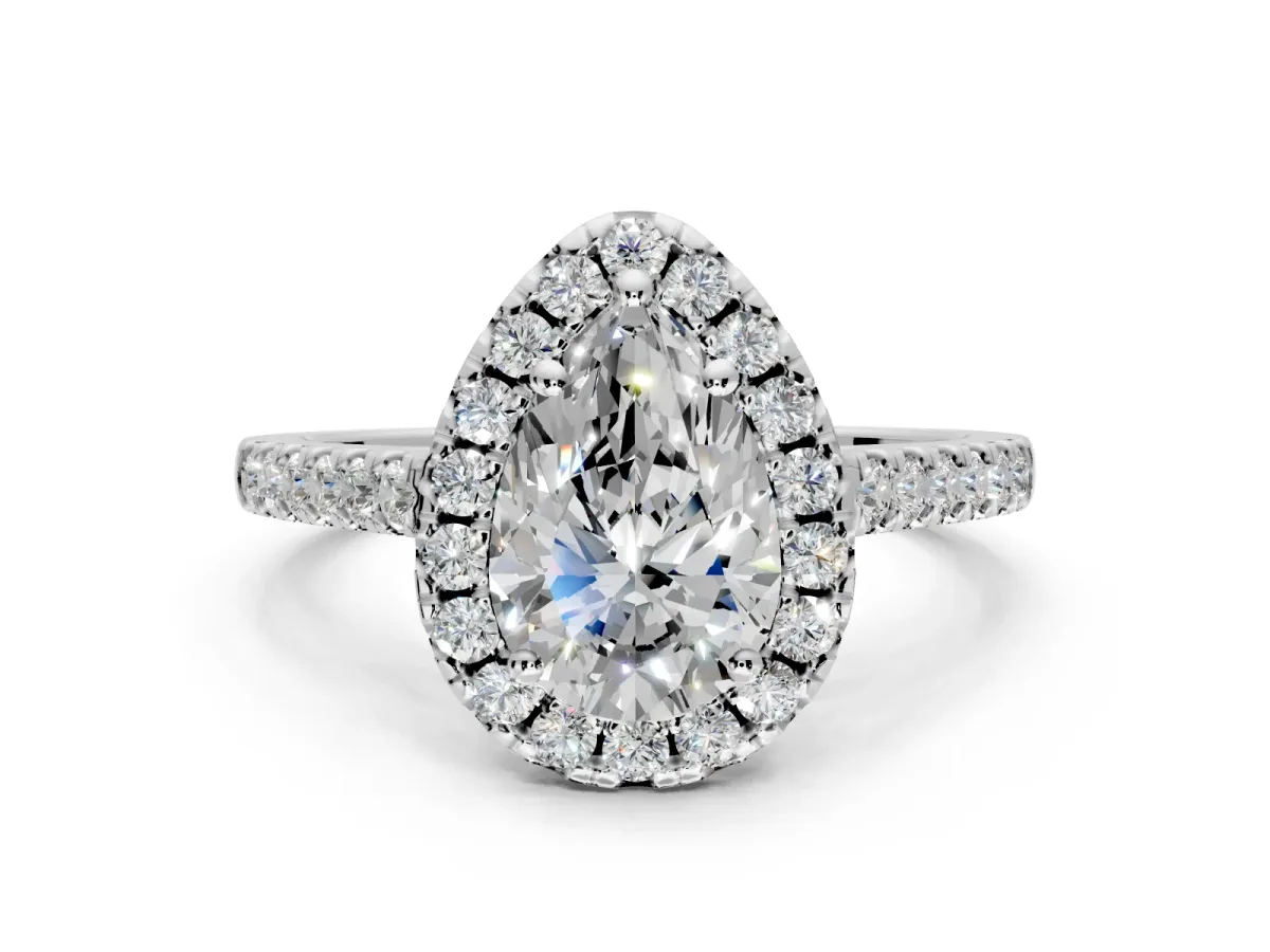 Halo Engagement Ring Setting for Pear-Shaped Center with Raised Halo, Pave Band and Prong Head in Platinum
