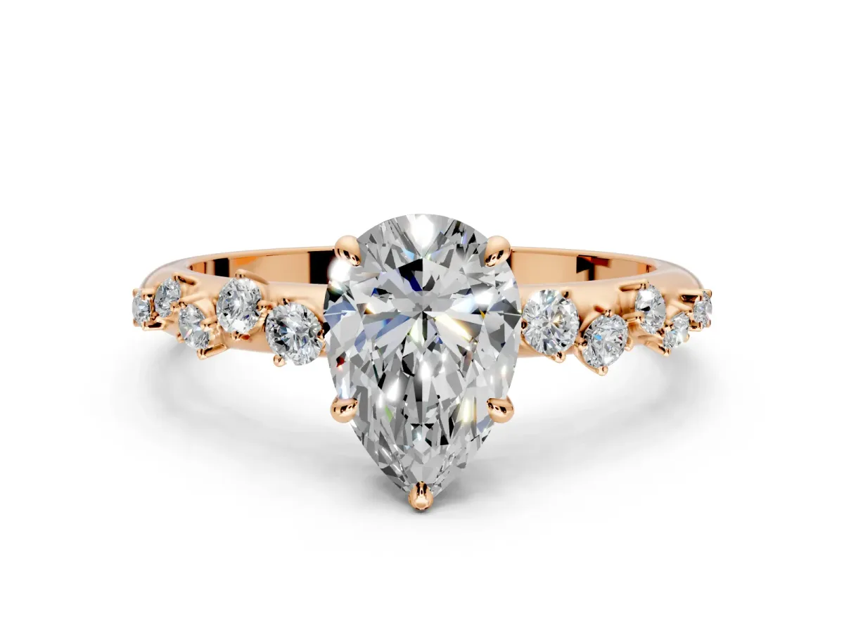 Cluster Engagement Ring Setting for Pear-Shaped Center with Round Cut Accent Band and Prong Head in Rose Gold