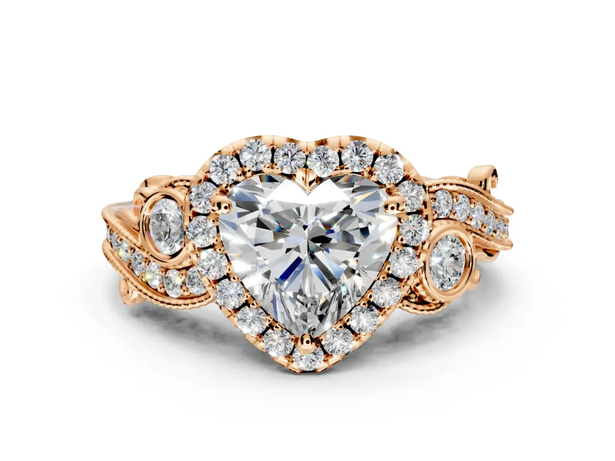 Milgrain Halo Engagement Ring Setting for Heart-Shaped Center with Shoulder Bezels and Prong Head in Rose Gold