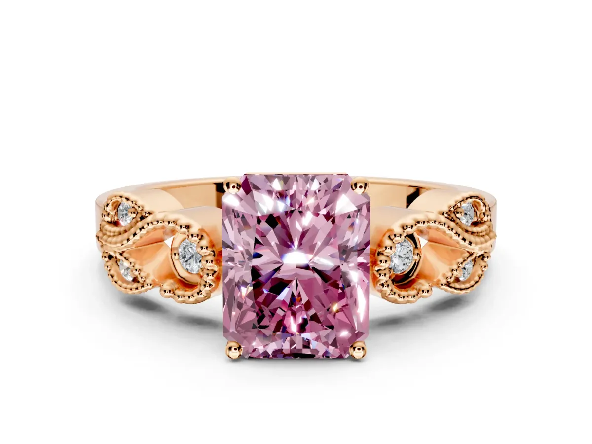 Leaf Engagement Ring Setting for Fancy Pink Radiant Cut Center with Milgrain Accent Band and Prong Head in Rose Gold