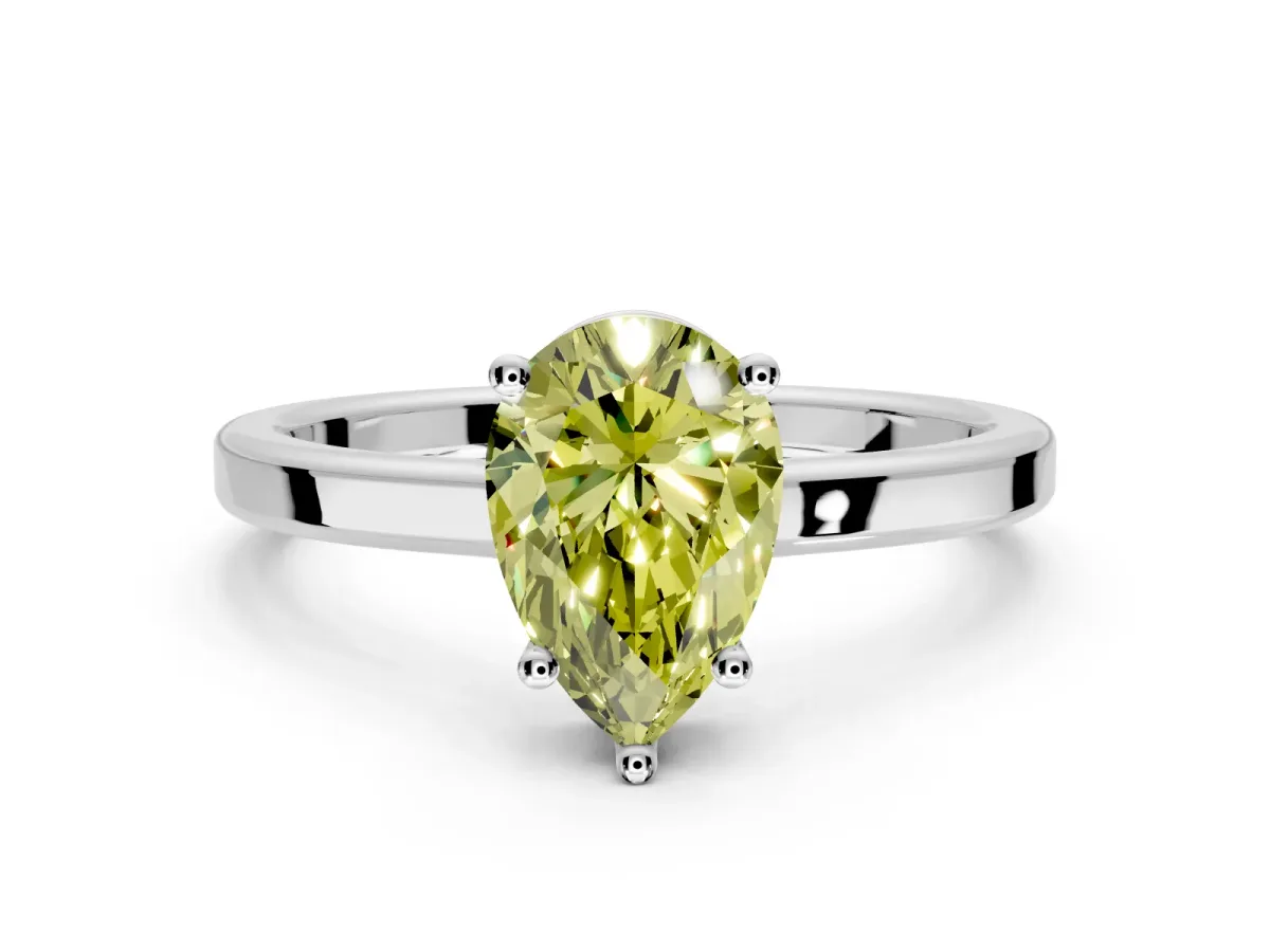 Hidden Halo Engagement Ring Setting for Fancy Yellow Pear-Shaped Center with Wide Flat Plain Band and Prong Head in Platinum