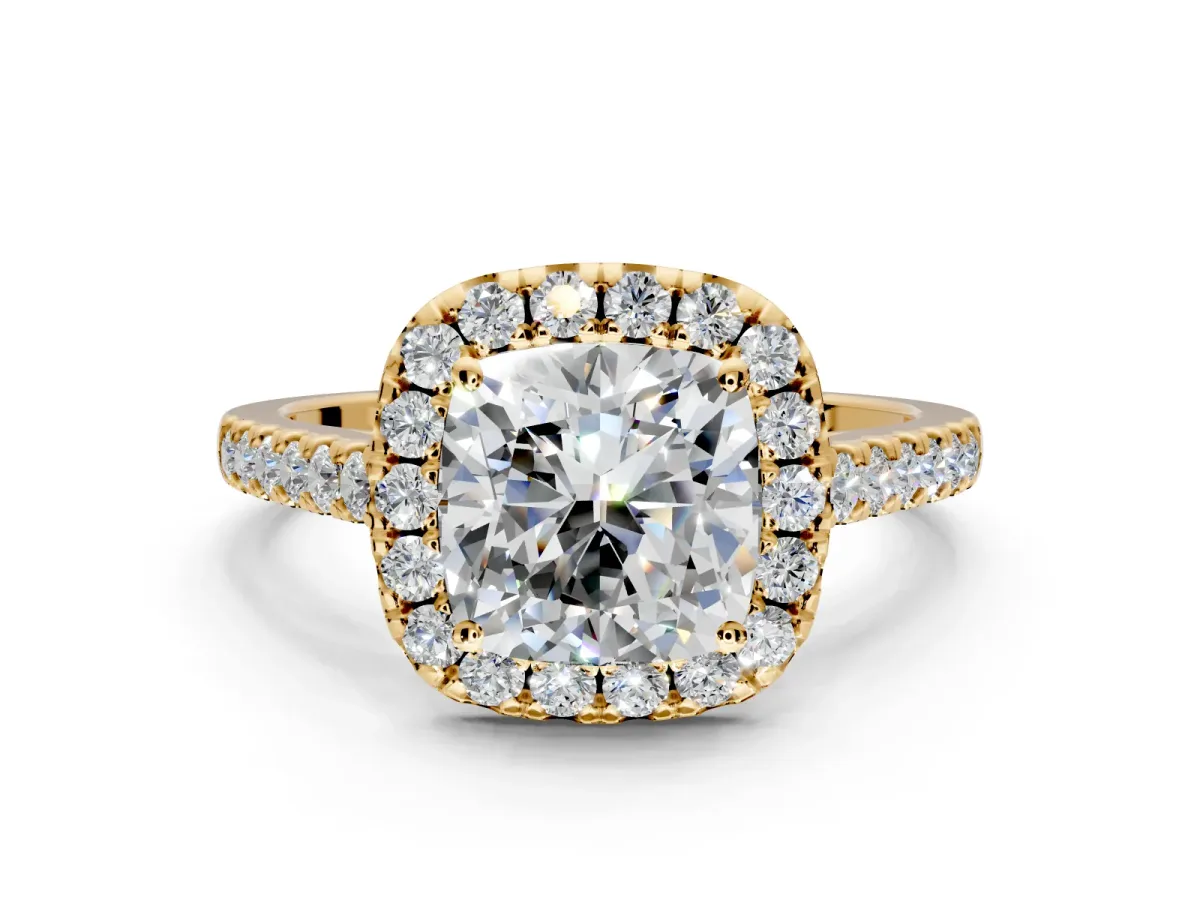 Halo Engagement Ring Setting for Cushion Cut Center with Narrowing Pave Band and Prong Head in Yellow Gold