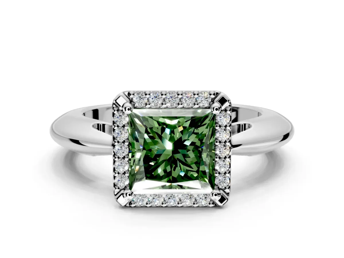 Halo Engagement Ring Setting for Fancy Green Princess Cut Center with Tapered Plain Band and Prong Head in Sterling Silver