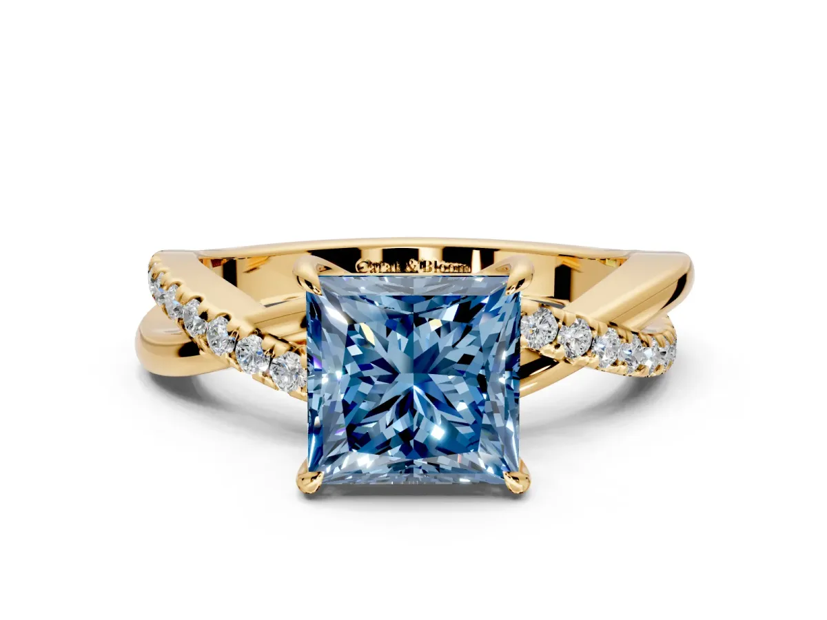 Crossover Engagement Ring Setting for Fancy Blue Princess Cut Center with Pave and Plain Strands and Prong Head in Yellow Gold