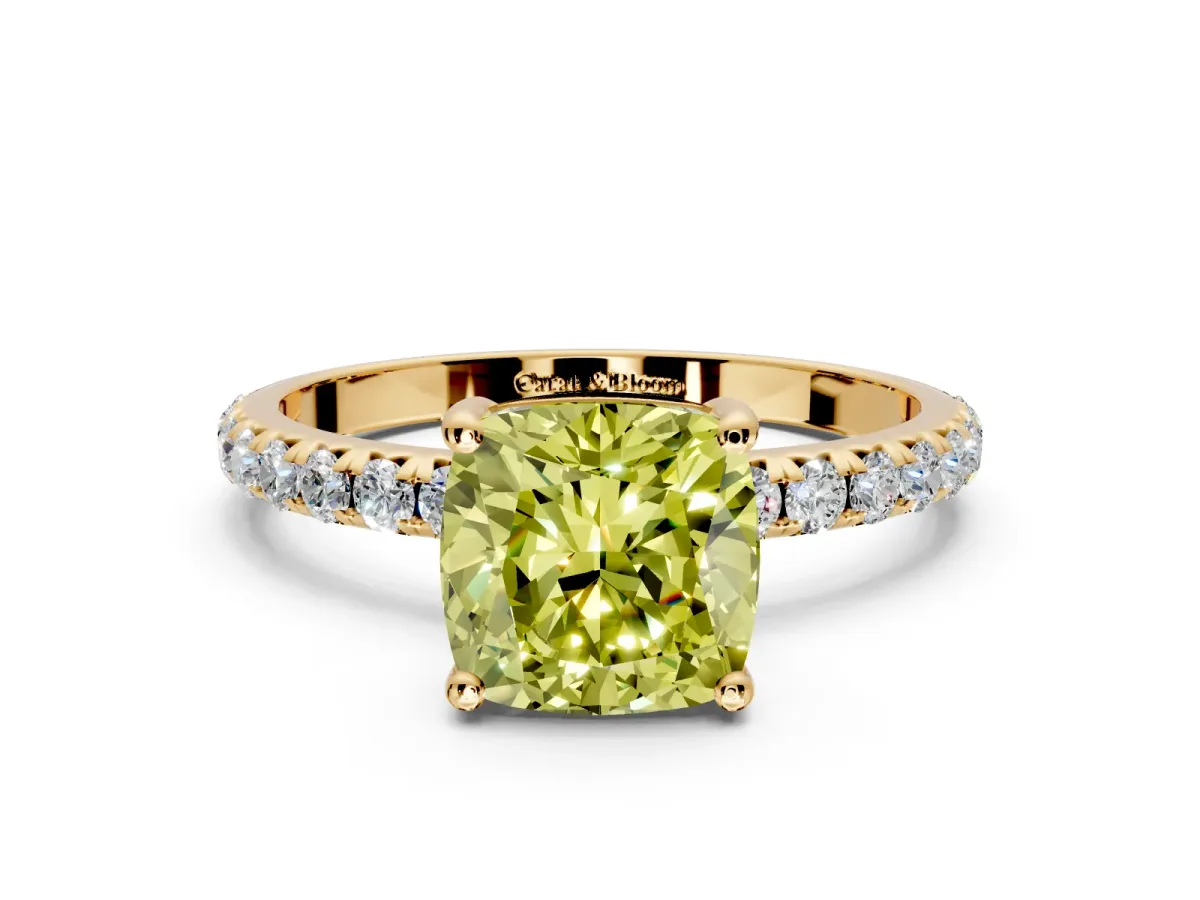 Solitaire Engagement Ring Setting for Fancy Yellow Cushion Cut Center with Micro Pave Band and Prong Head in Yellow Gold