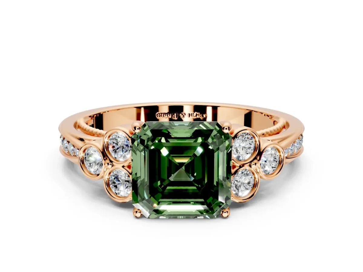 Cluster Engagement Ring Setting for Fancy Green Asscher Cut Center with Bezel Accent Clusters and Prong Head in Rose Gold