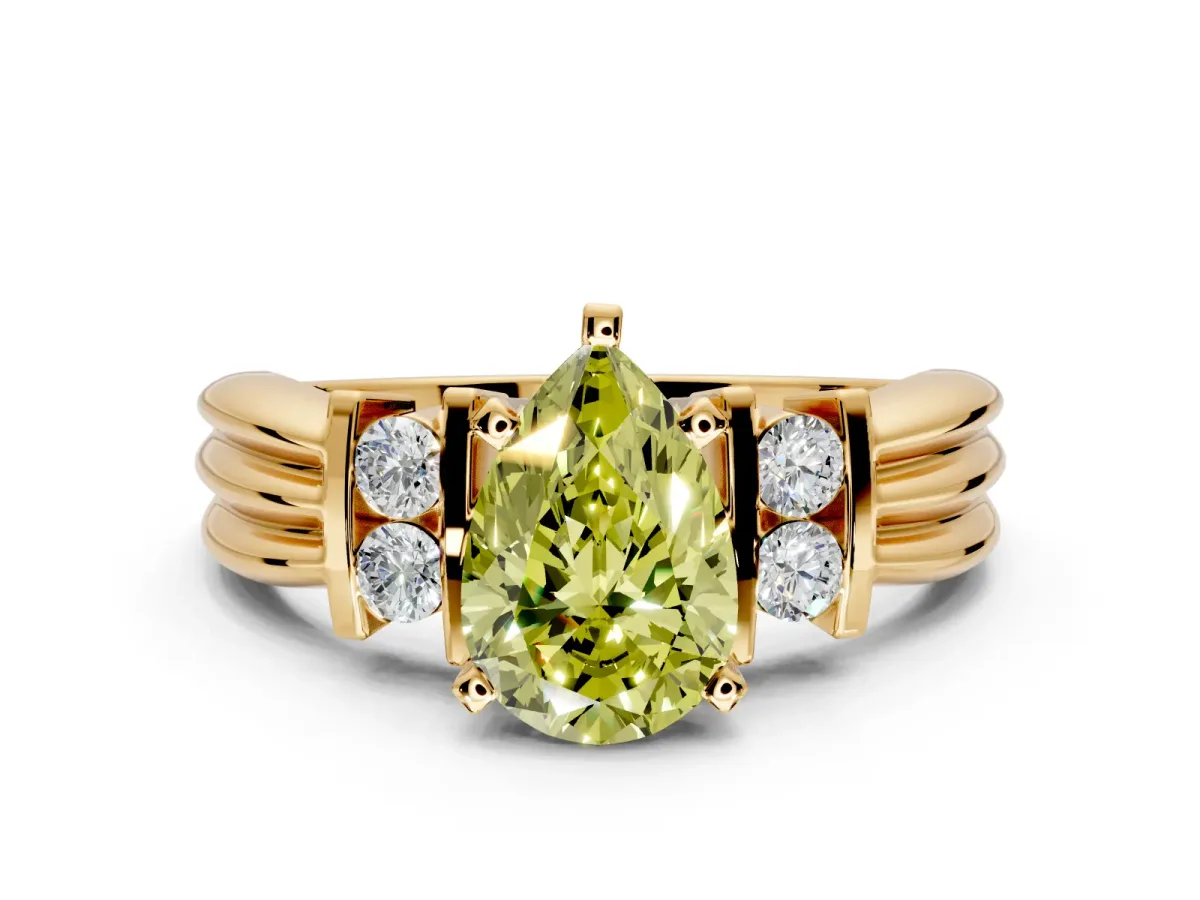 Solitaire Engagement Ring Setting for Fancy Yellow Pear-Shaped Center with Grooved Bar Accent Band and Prong Head in Yellow Gold