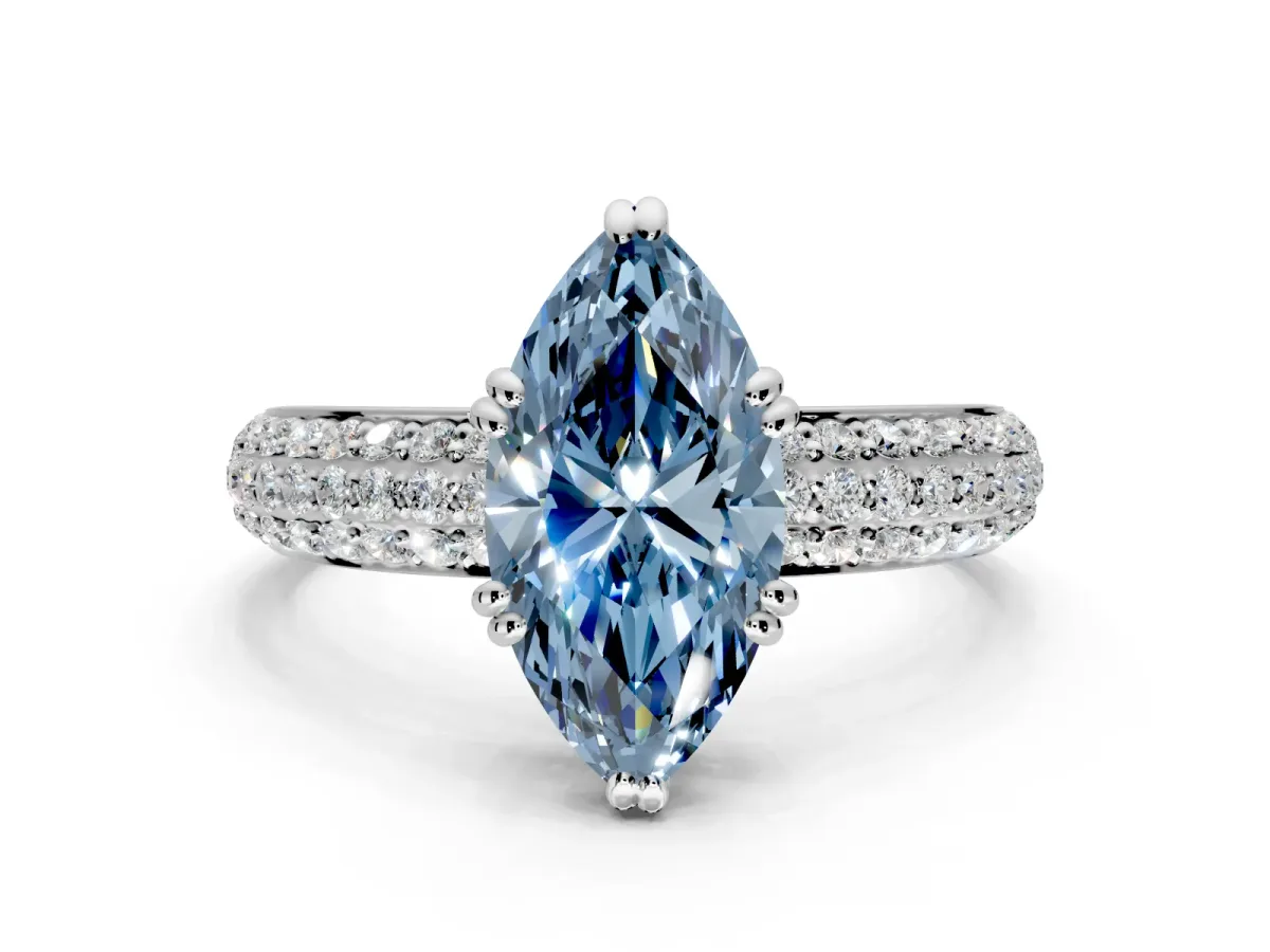Solitaire Engagement Ring Setting for Fancy Blue Marquise Center with Multi-Row Pave Accents and Basket Head in Platinum