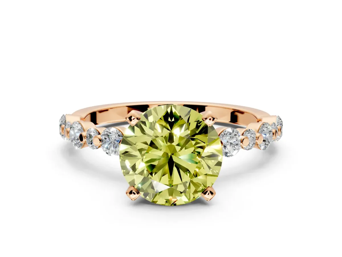 Solitaire Engagement Ring Setting for Fancy Yellow Round Cut Center with Alternating Size Accents and Prong Head in Rose Gold