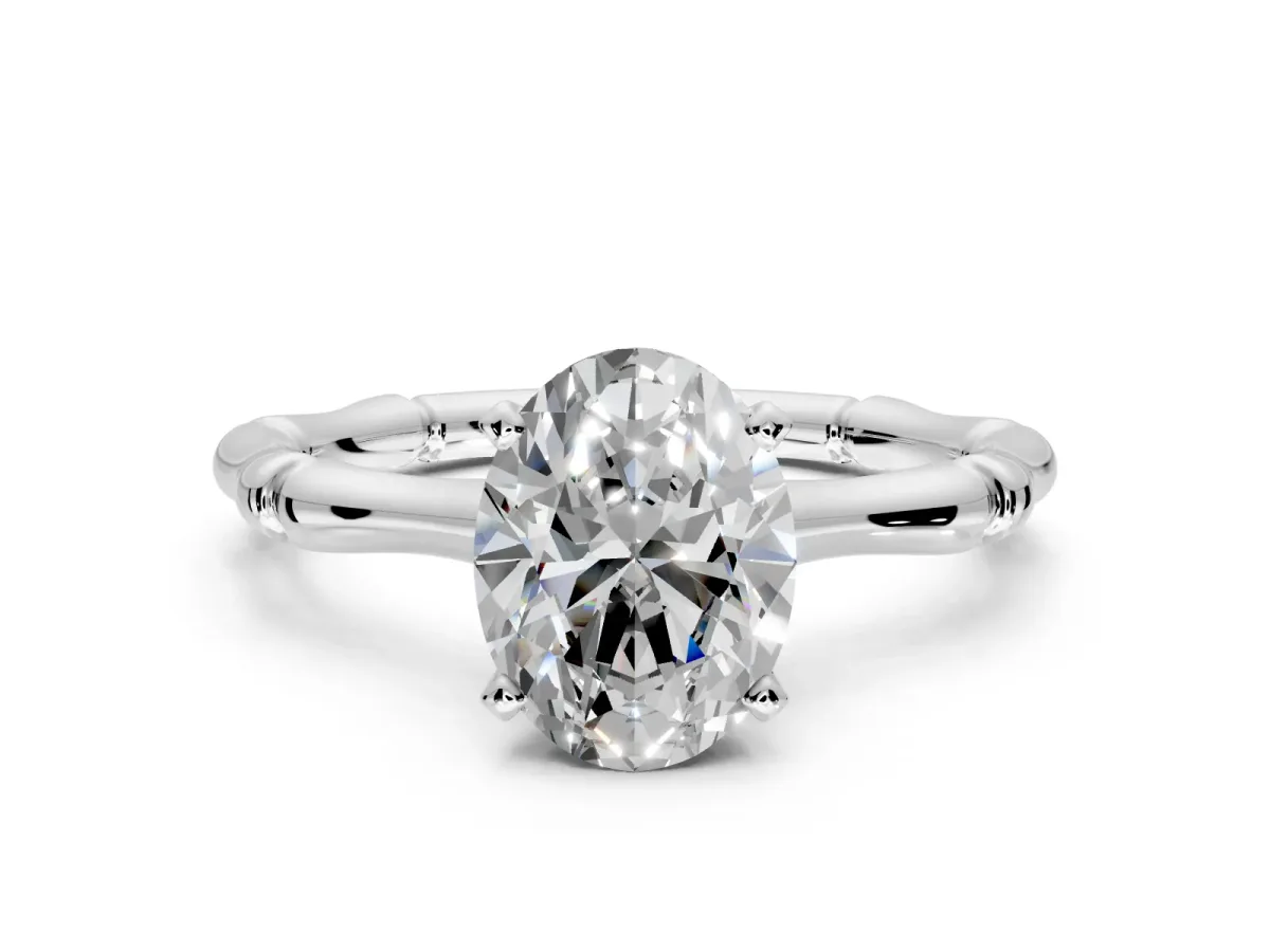 Solitaire Engagement Ring Setting for Oval Center with Bamboo Band and Prong Head in White Gold