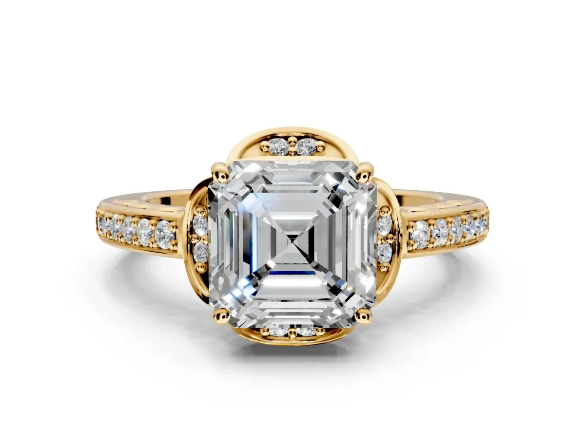 Floral Engagement Ring Setting for Asscher Cut Center with Four Accent Clusters and Prong Head in Yellow Gold