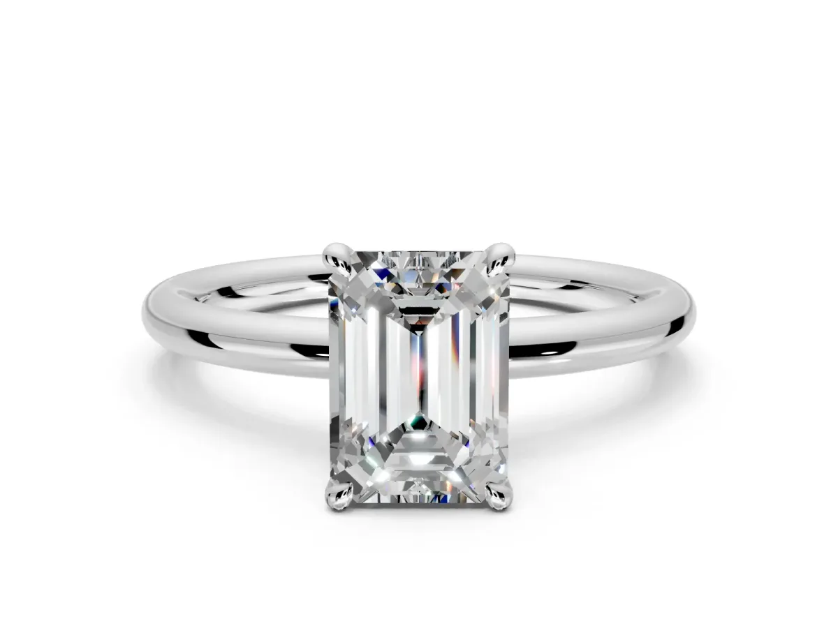Hidden Halo Engagement Ring Setting for Emerald Cut Center with Thin Rounded Band and Prong Head in White Gold