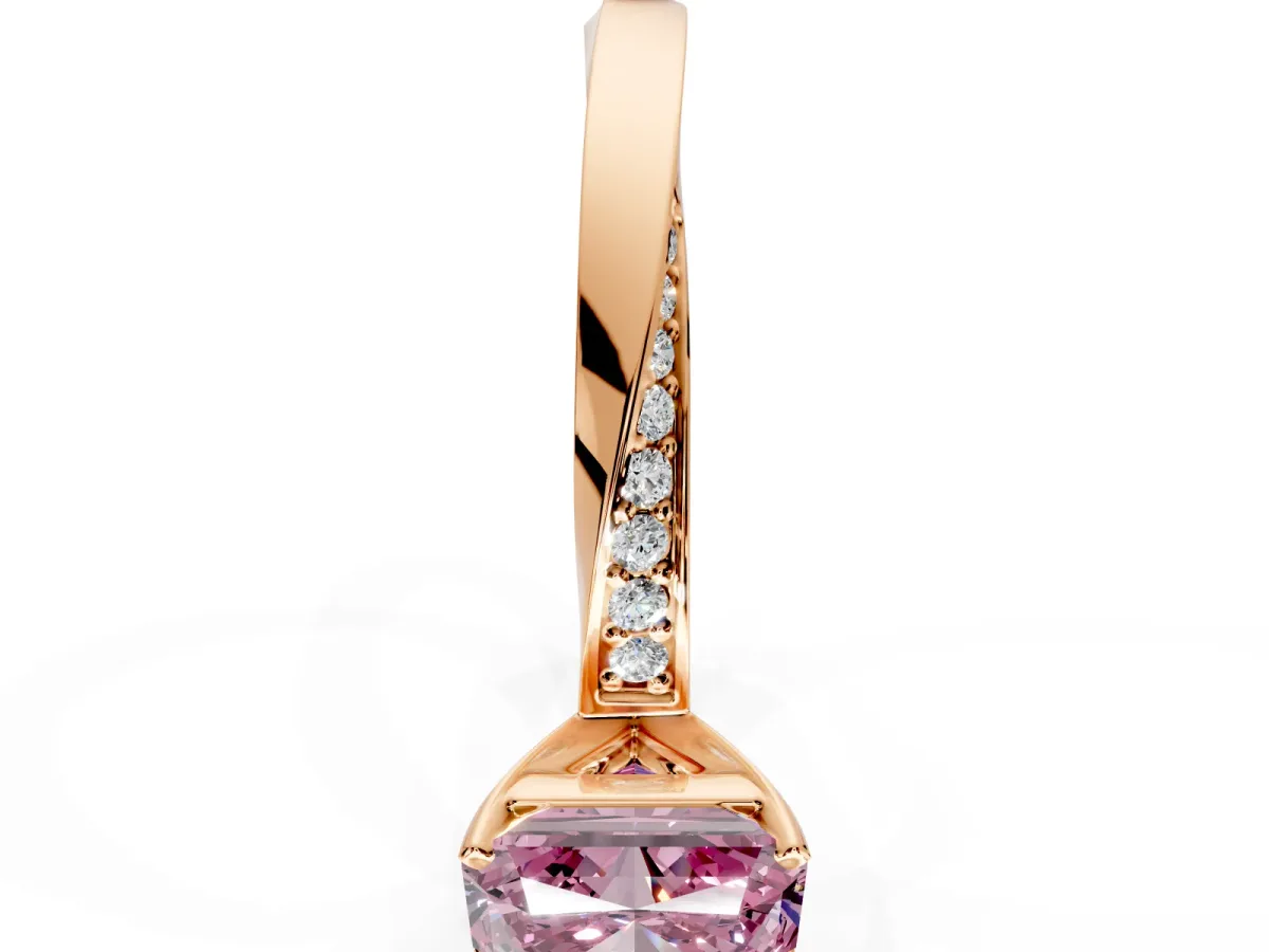 Side Accent Engagement Ring Setting for Fancy Pink Radiant Cut Center with Accent Shoulders and Prong Head in Rose Gold