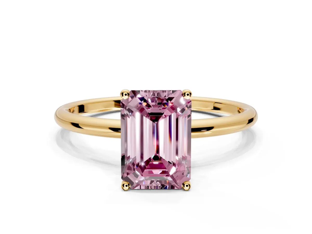 Solitaire Engagement Ring Setting for Fancy Pink Emerald Cut Center with Straight Thin Band and Prong Head in Yellow Gold