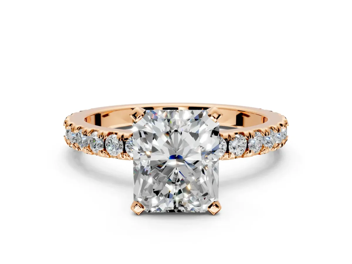 Solitaire Engagement Ring Setting for Radiant Cut Center with Fine Pave Band and Claw Prong Head in Rose Gold