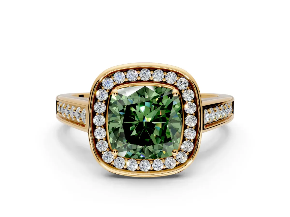 Halo Engagement Ring Setting for Fancy Green Cushion Cut Center with Outer Bezel Rim, Pave Band and Prong Head in Yellow Gold