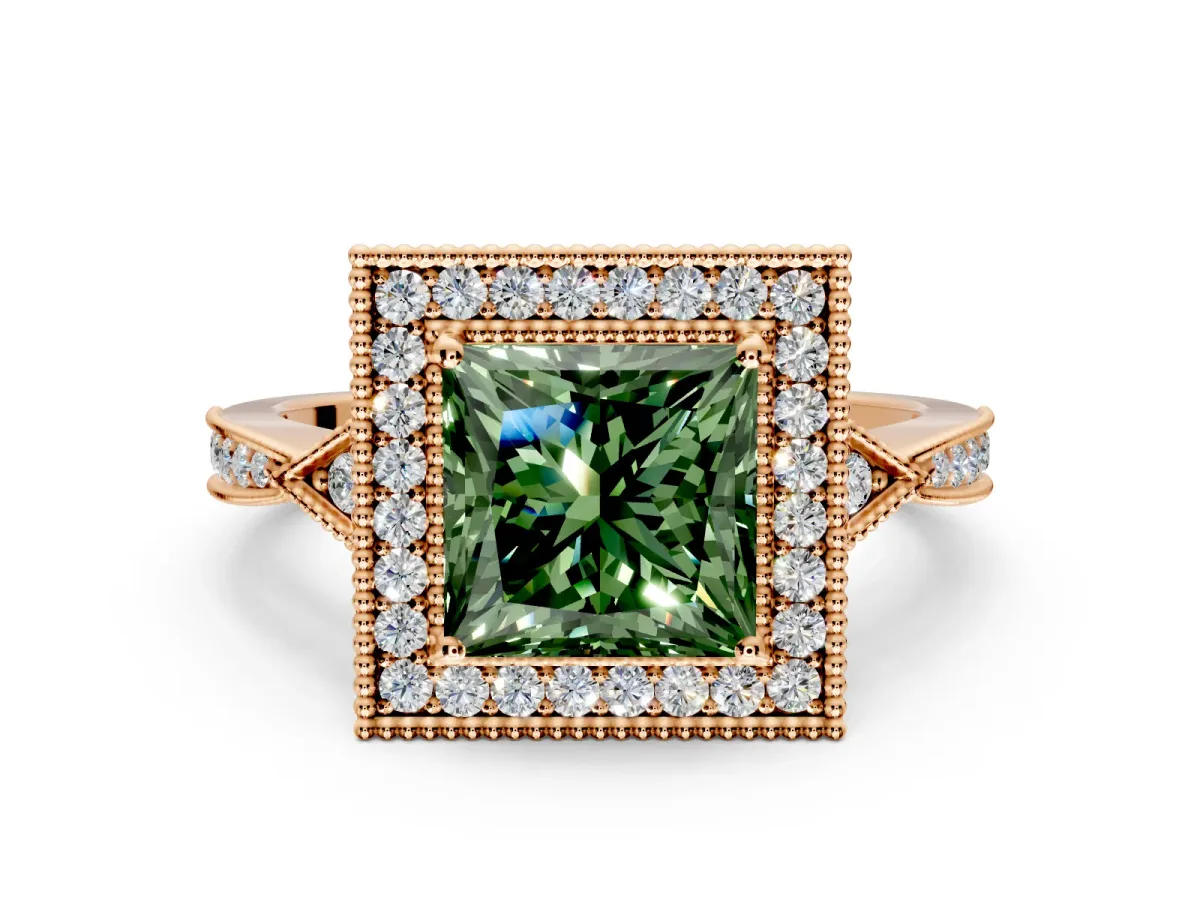 Halo Engagement Ring Setting for Fancy Green Princess Cut Center with Milgrain Rim, Pave Band and Prong Head in Rose Gold