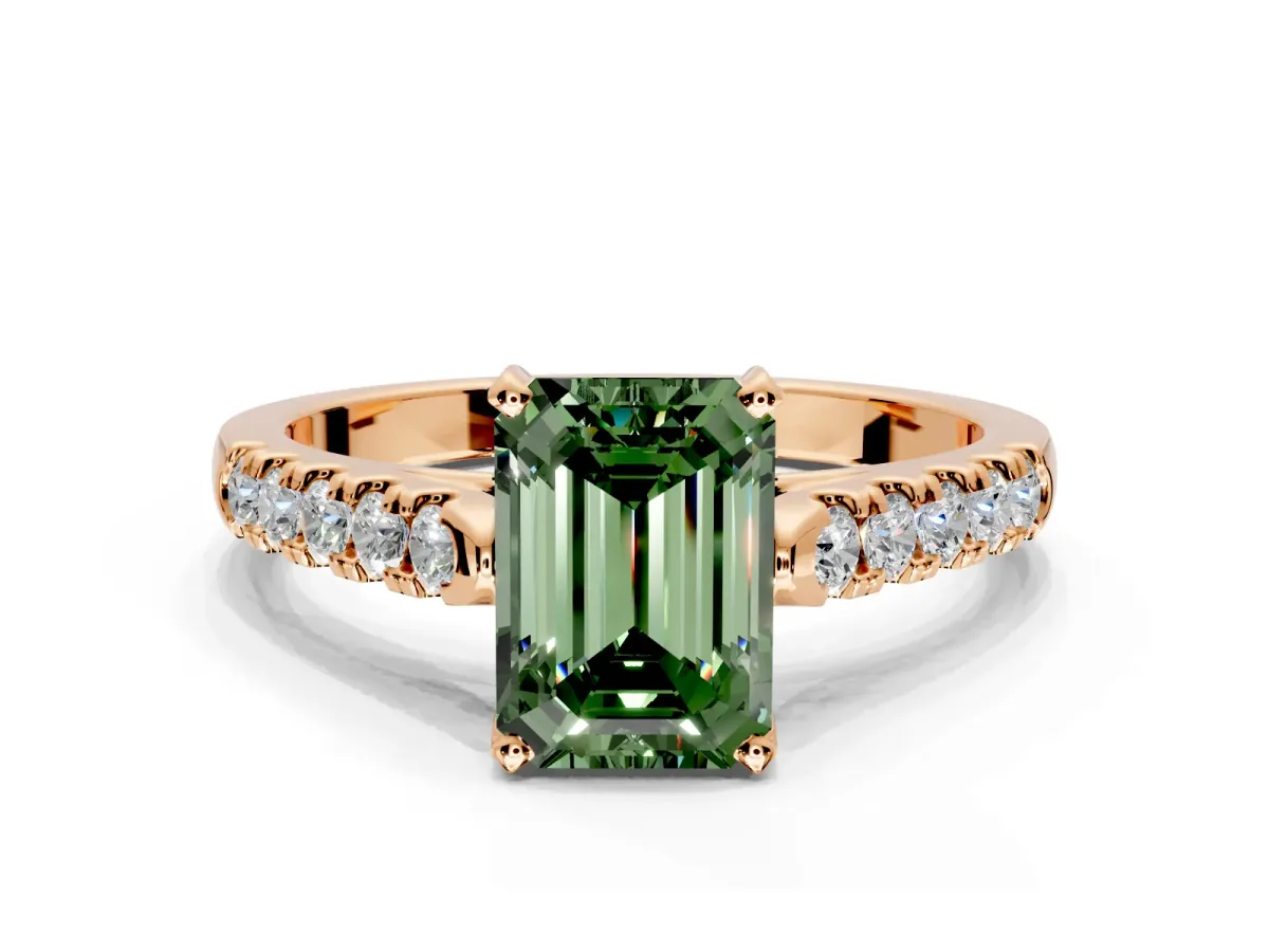 Solitaire Engagement Ring Setting for Fancy Green Emerald Cut Center with Partway Pave Band and Prong Head in Rose Gold
