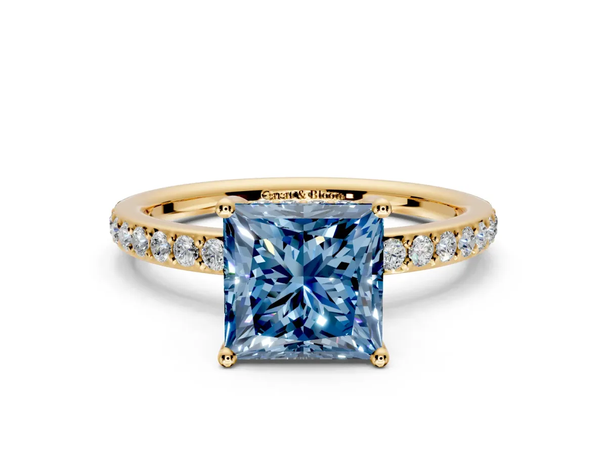 Solitaire Engagement Ring Setting for Fancy Blue Princess Cut Center with Fine Pave Band and Prong Head in Yellow Gold