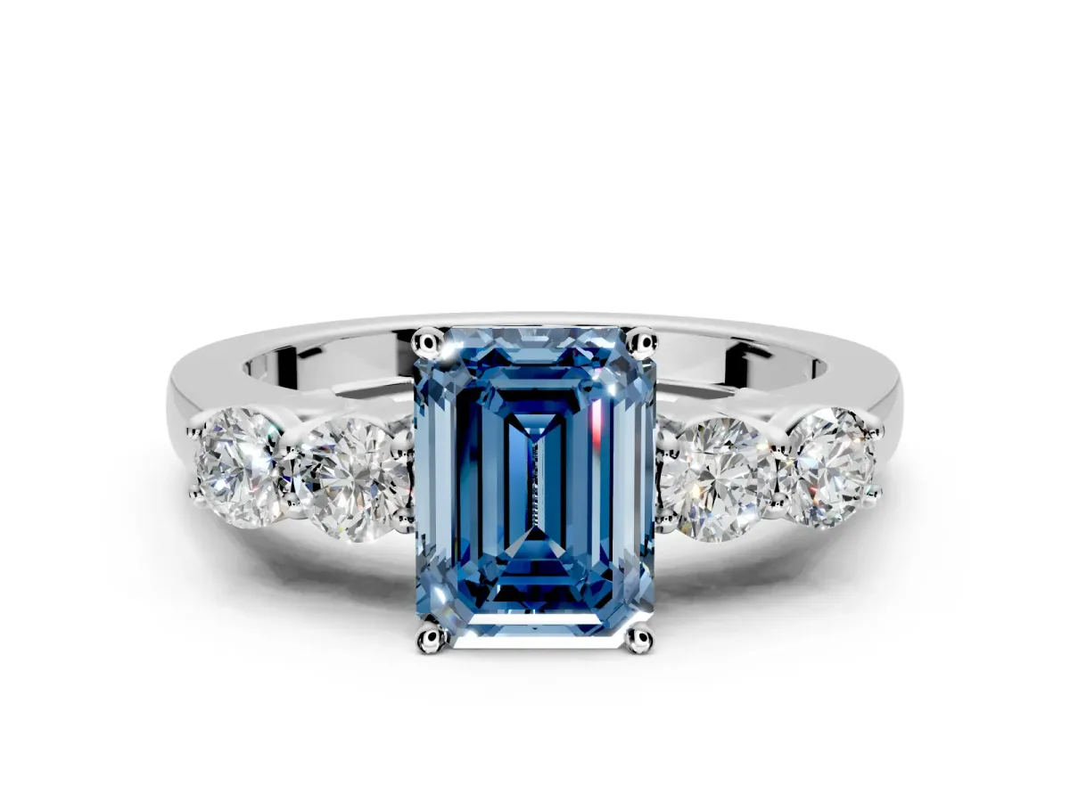 5 Stone Engagement Ring Setting for Fancy Blue Emerald Cut Center with Equal Close-Set Accents and Prong Head in Sterling Silver