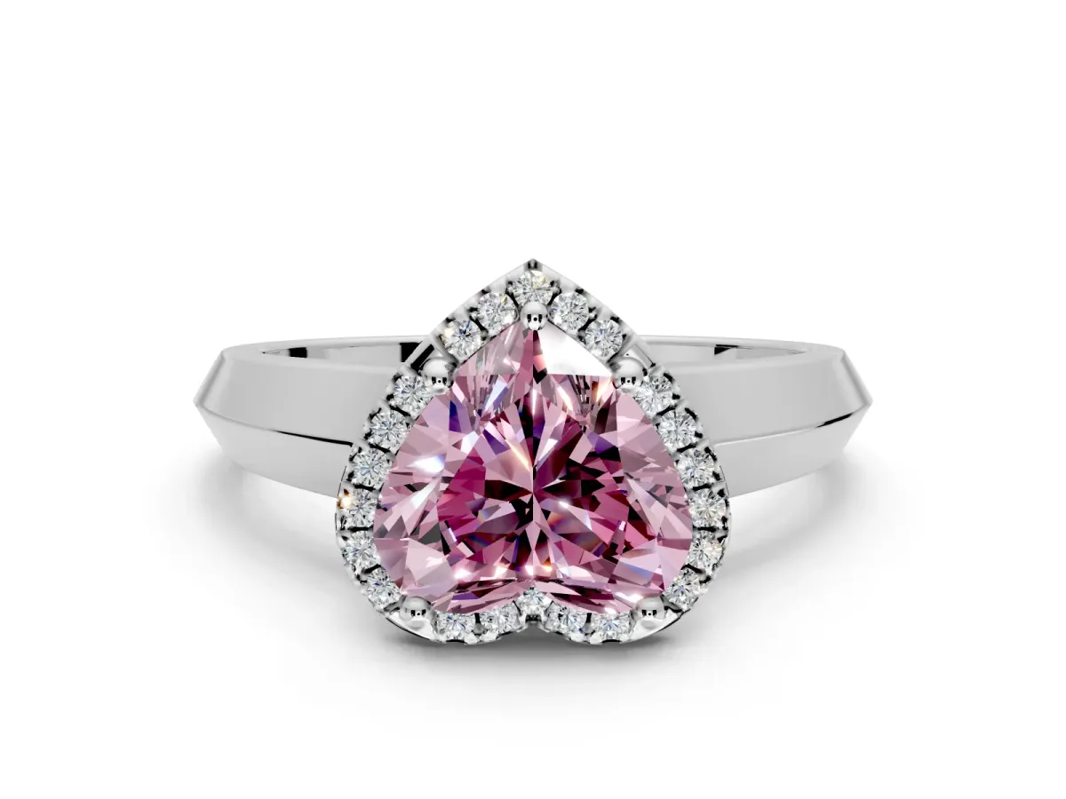 Halo Engagement Ring Setting for Fancy Pink Heart-Shaped Center with Knife Ridge Cathedral Band and Prong Head in Sterling Silver
