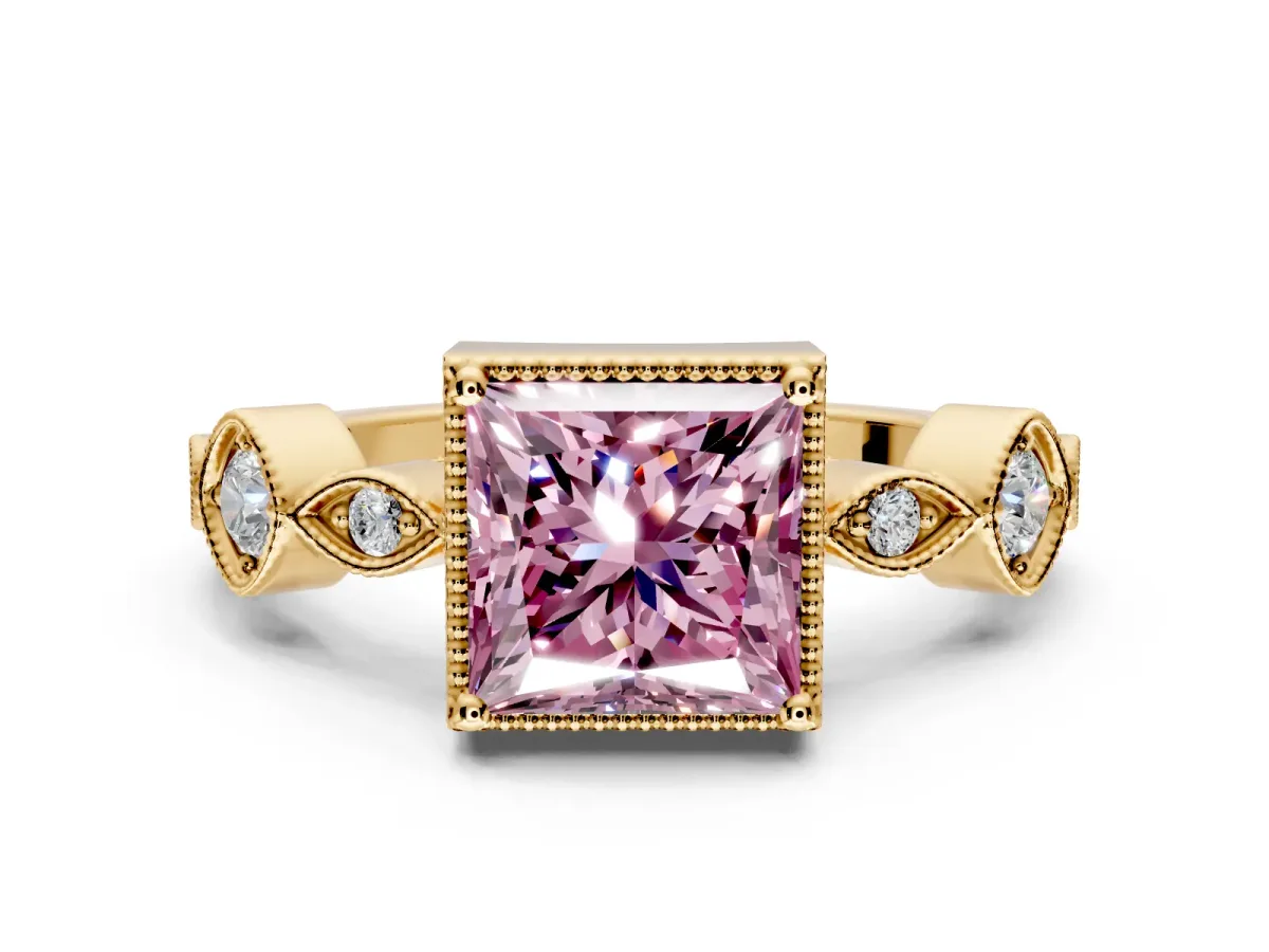 Vintage Station Engagement Ring Setting for Fancy Pink Princess Cut Center with Accents and Prong Head in Yellow Gold