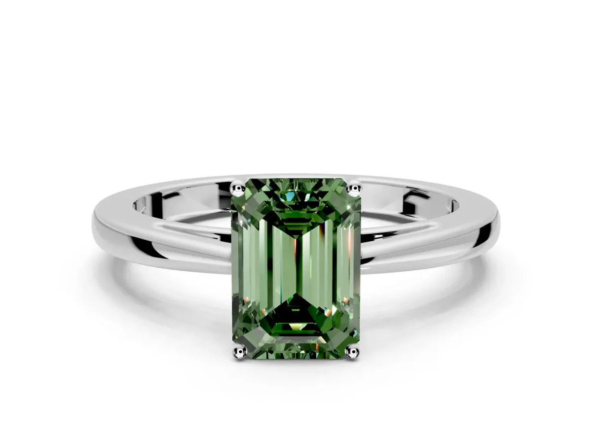 Solitaire Engagement Ring Setting for Fancy Green Emerald Cut Center with Open Cathedral Shoulders and Prong Head in Sterling Silver