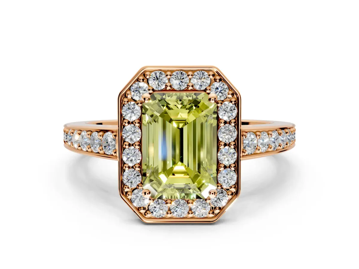 Bezel-Framed Halo Engagement Ring Setting for Fancy Yellow Emerald Cut Center with Pave Band and Prong Head in Rose Gold