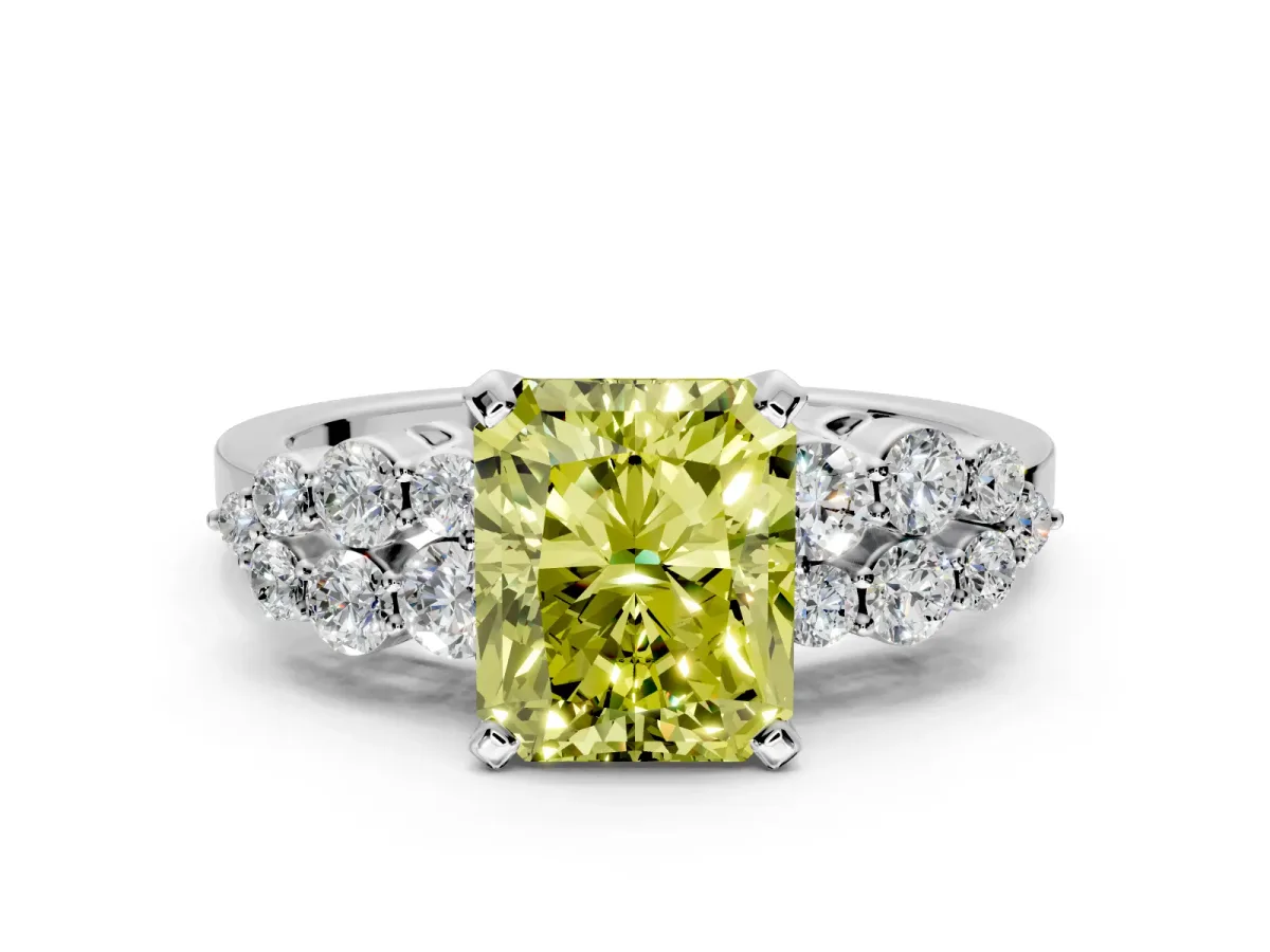 Cluster Engagement Ring Setting for Fancy Yellow Radiant Cut Center with 2-Row Shoulder Clusters and Prong Head in White Gold