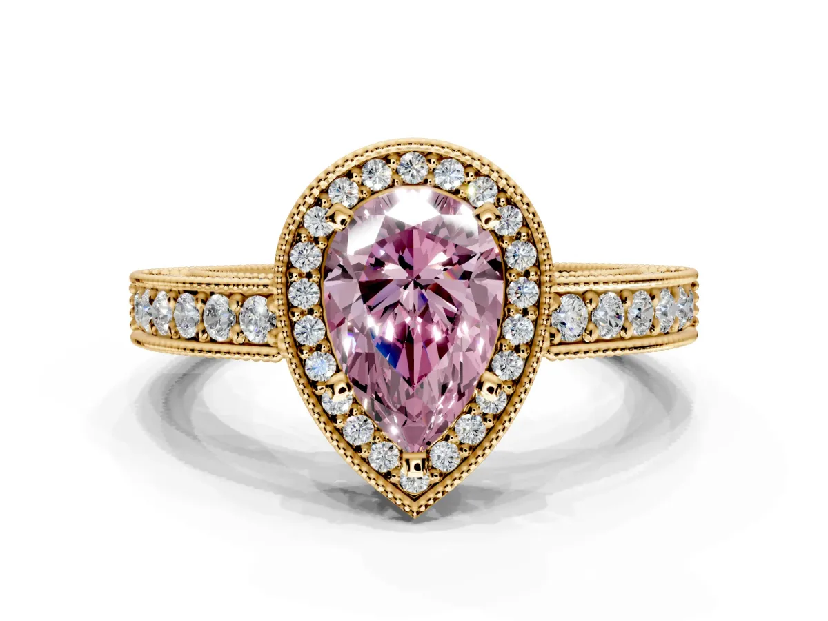 Milgrain Halo Engagement Ring Setting for Fancy Pink Pear-Shaped Center with Wide Pave Band and Prong Head in Yellow Gold