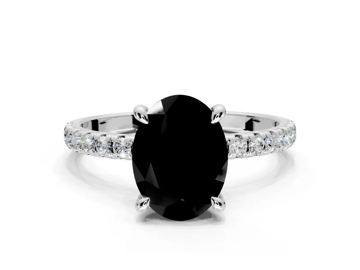 Solitaire Engagement Ring Setting for Fancy Black Oval Center with Fine Pave Narrow Band and Prong Head in Platinum