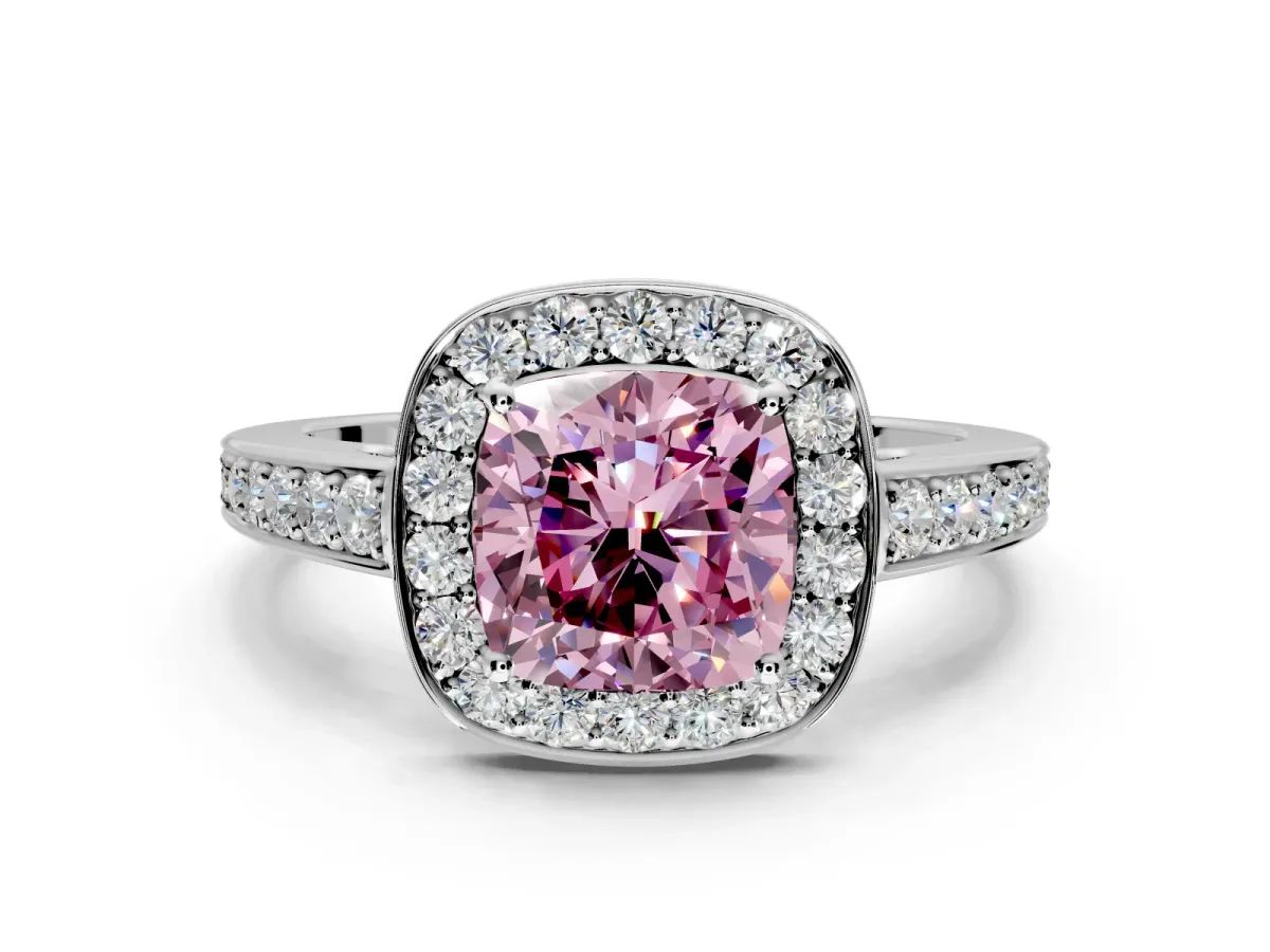 Bezel-Framed Halo Engagement Ring Setting for Fancy Pink Cushion Cut Center with Pave Band and Prong Head in White Gold