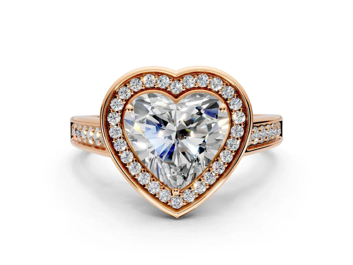 Halo Engagement Ring Setting for Heart-Shaped Center with Outer Bezel Rim, Pave Band and Prong Head in Rose Gold
