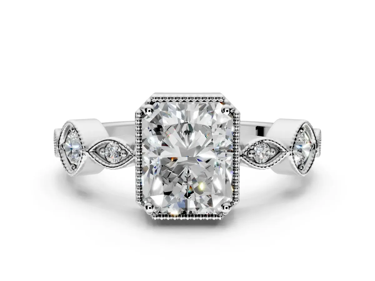 Vintage Station Engagement Ring Setting for Radiant Cut Center with Accents and Prong Head in Platinum