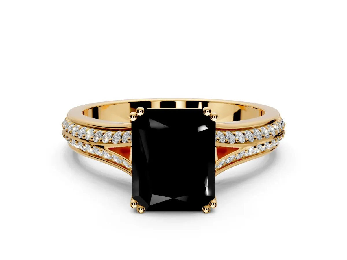 Solitaire Engagement Ring Setting for Fancy Black Radiant Cut Center with Pave Rail Split Shank and Prong Head in Yellow Gold