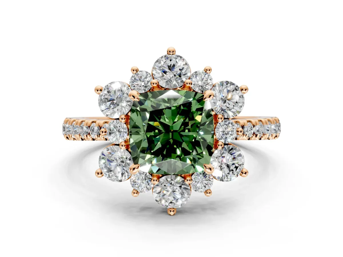Floral Halo Engagement Ring Setting for Fancy Green Cushion Cut Center with Pave Accents and Prong Head in Rose Gold